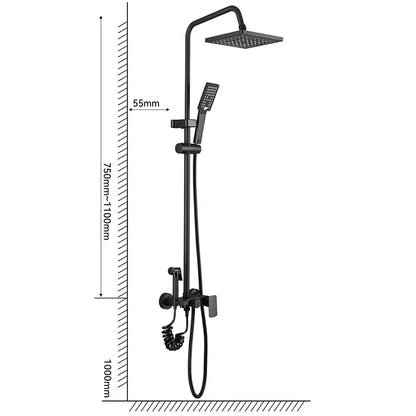 Matte black shower faucet set with square rainhead and handheld sprayer in black matte finish for bathroom use