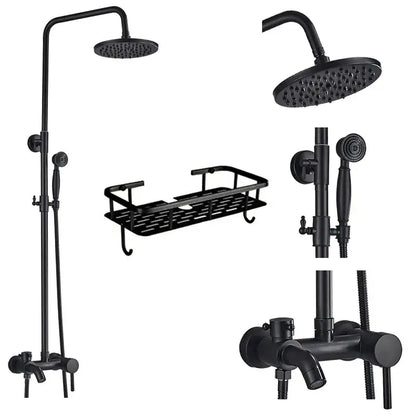 Matte black shower faucet set with rainhead, handheld sprayer, and tub spout for bathroom use
