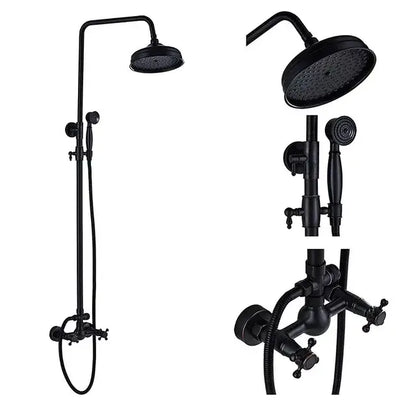 Matte black shower faucet set with a tall overhead rainhead handheld spray nozzle and wall-mounted tub spout assembly