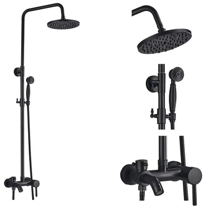 Matte black shower faucet set with handshower, round rainhead, and wall-mounted control valve for bathroom use