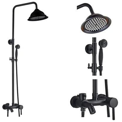 Matte black shower faucet set with handshower and tub spout featuring a large overhead rainhead in black matte finish