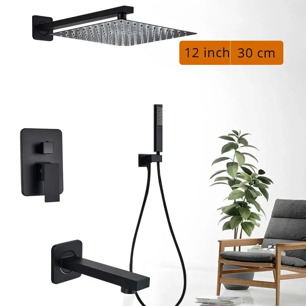Black matte-finish square rain shower head with textured surface and integrated bracket in decorbites black shower set