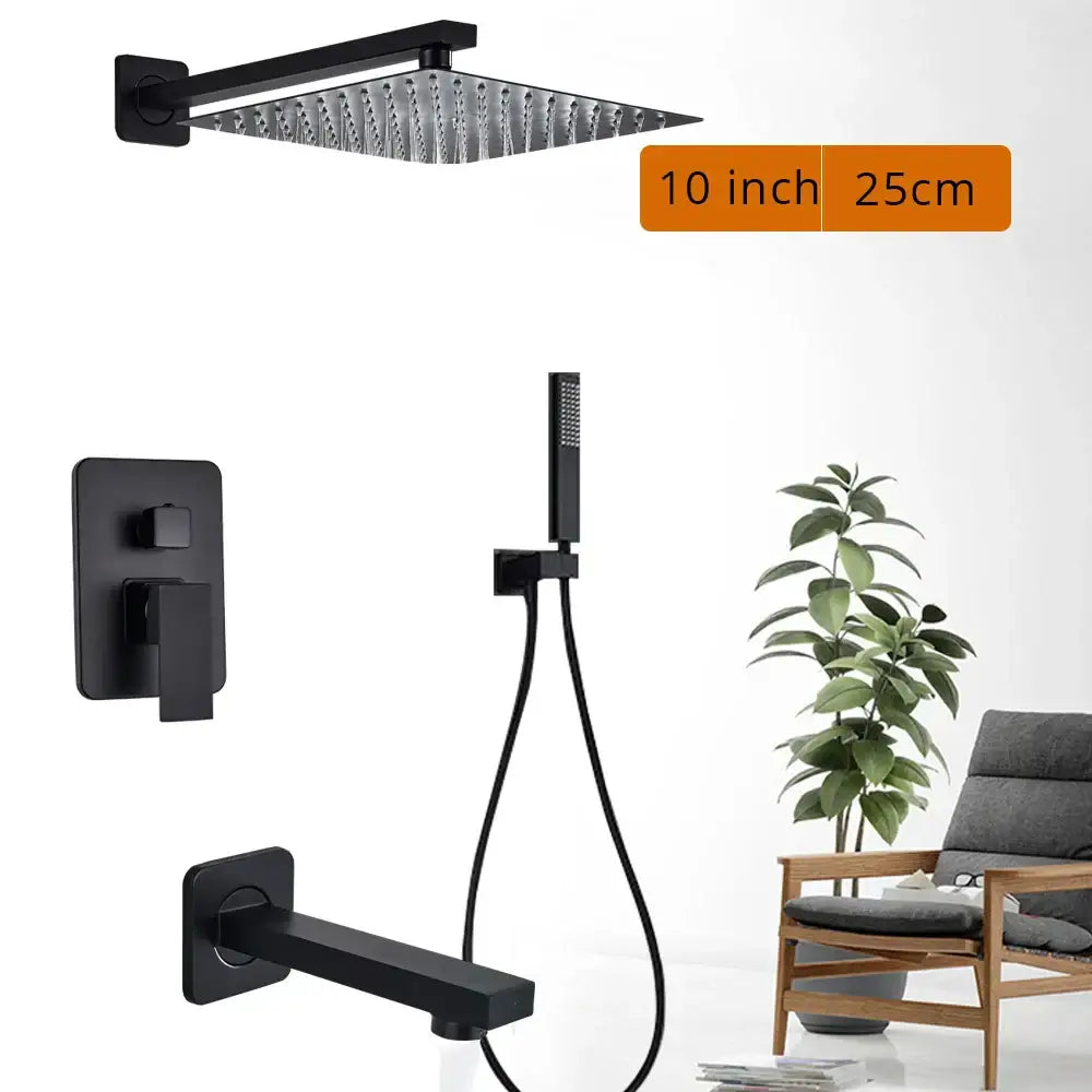 Matte black shower set featuring a square rain head with textured perforated surface and integrated mounting bracket