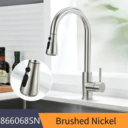 Matte black single handle pull down kitchen faucet with brushed nickel arched spout and pull-down spray head decorbites black single handle design