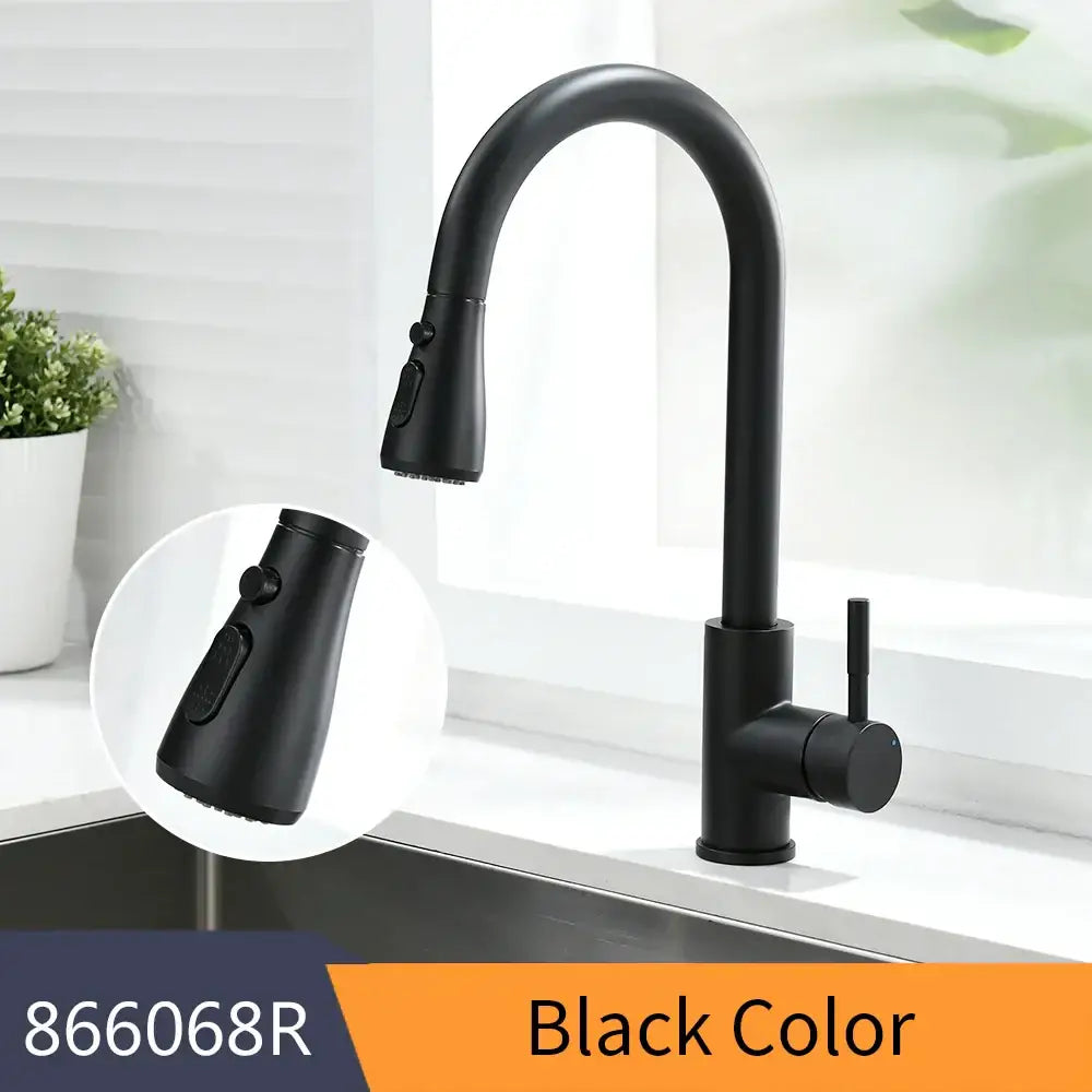 Black single handle pull down kitchen faucet with matte finish and swivel tap for modern decorbites setups