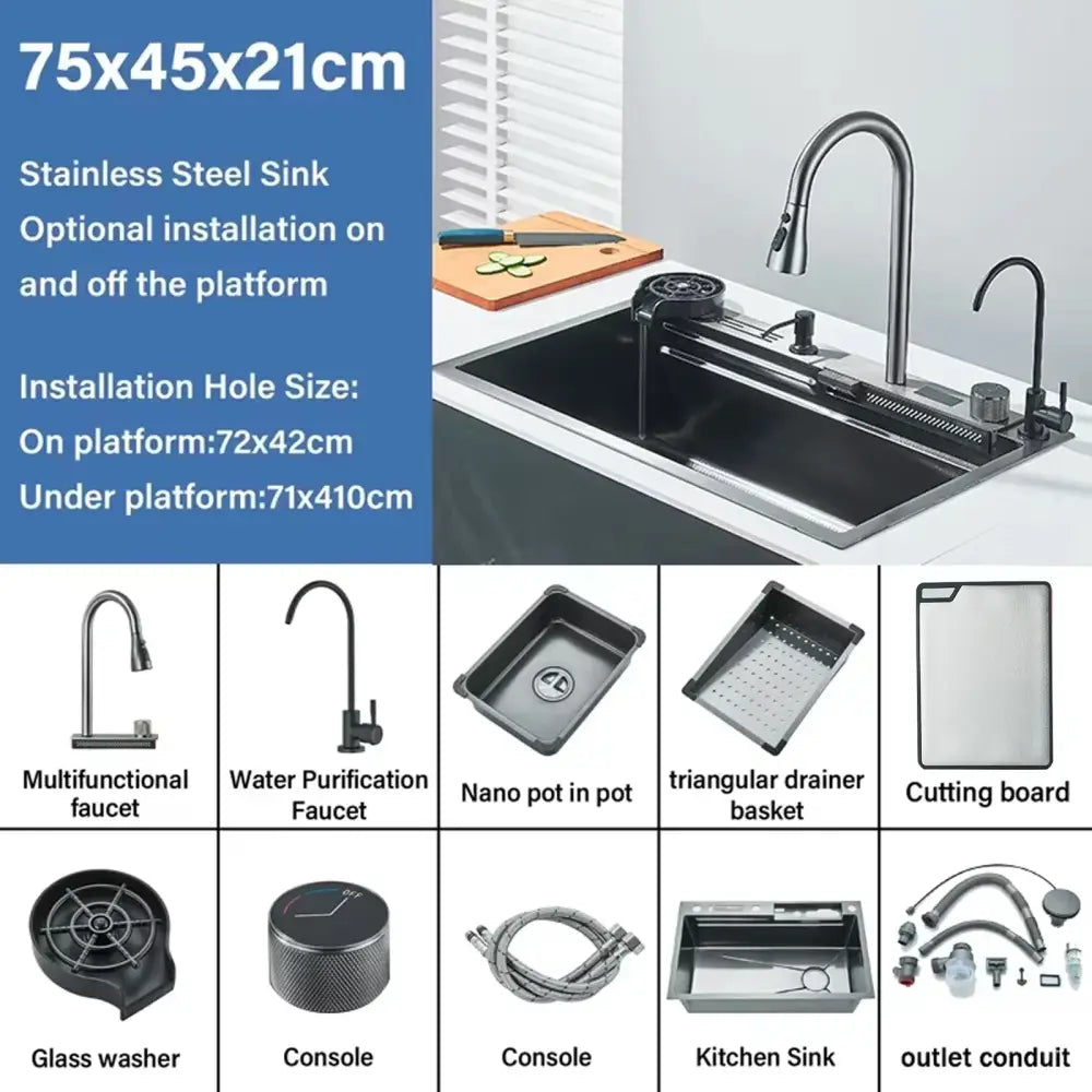 Matte black smart waterfall kitchen sink in stainless steel with integrated faucet and digital display for modern kitchens