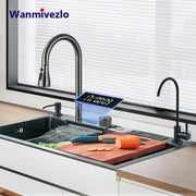 Matte black smart waterfall kitchen sink faucet with digital display and touch controls in matte finish
