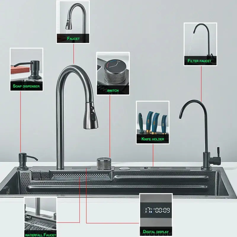 Matte black smart waterfall kitchen sink with digital display and integrated faucet in black matte finish