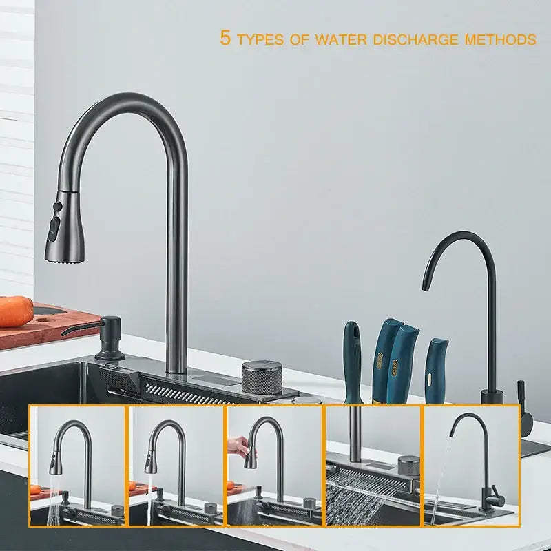 Matte black smart waterfall kitchen sink faucet with pull-down spray head and integrated digital display panel