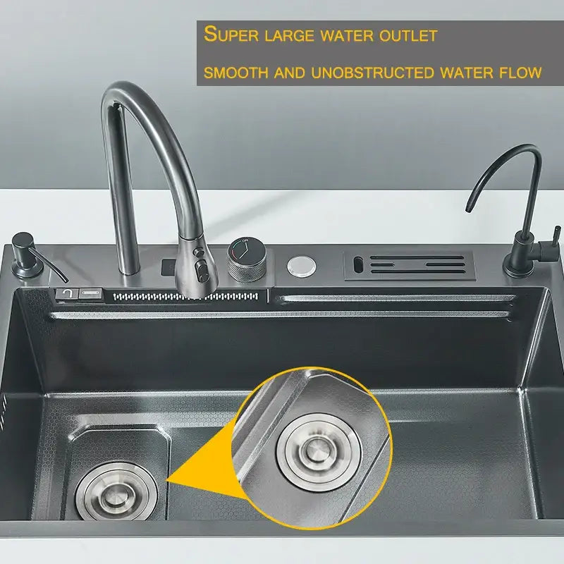 Matte black smart waterfall kitchen sink with double basin, black stainless steel, curved faucet, and digital display