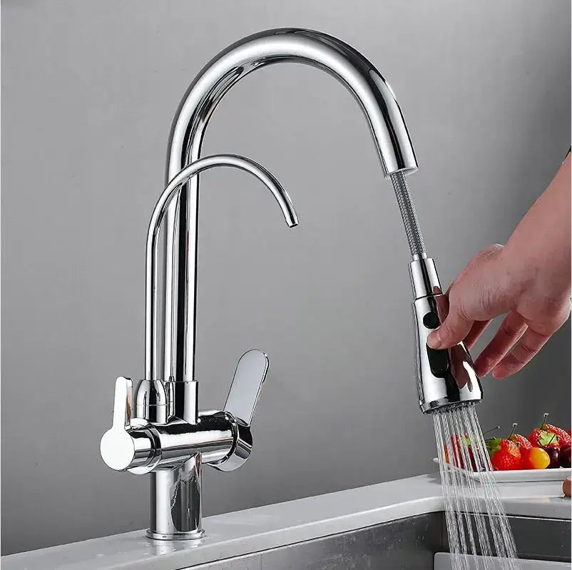 Matte black solid brass kitchen faucet with pull down spray head and chrome-finished arched spout with dual handles decorbites black solid