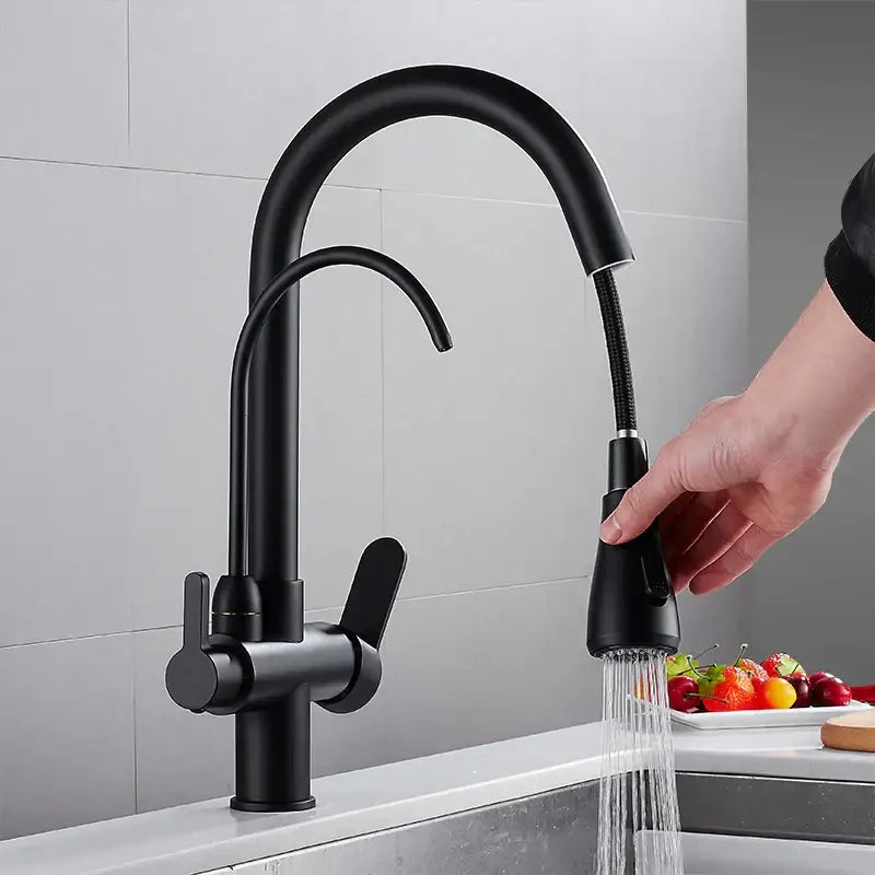 Matte black solid brass kitchen faucet with pull down spray head and dual handles from decorbites black solid collection