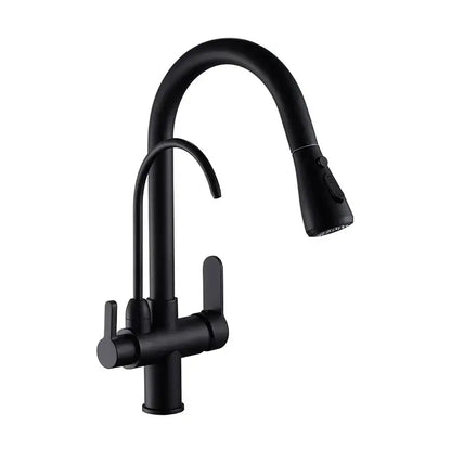 Matte black solid brass kitchen faucet with curved spout and pull-down spray head from decorbites black solid series