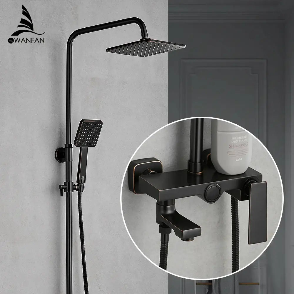 Matte black square rain shower faucet with handheld spray featuring a black matte-finish shower faucet design