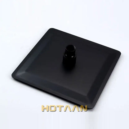 Matte black square rain shower head base with central cylindrical attachment point for decorbites black rain shower