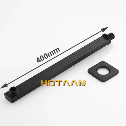 Matte black square rain shower head with 40cm decorbites black rain shower bar and matching square mounting plate