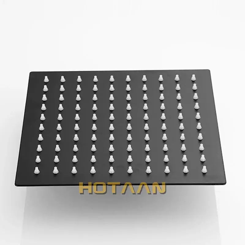 Matte black square rain shower head with 40cm arm featuring a black rain shower design and decorbites black rain nozzles