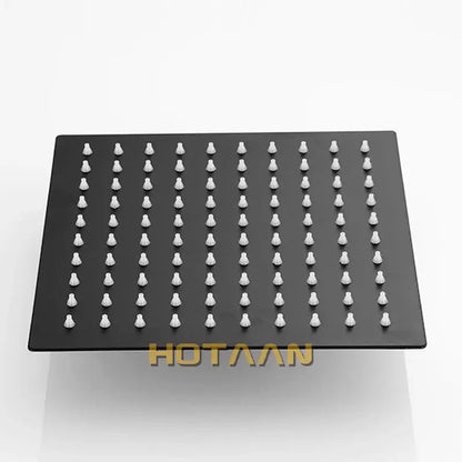 Matte black square rain shower head with 40cm arm featuring a black rain shower design and decorbites black rain nozzles