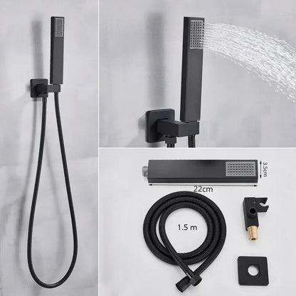 Matte black square rainfall shower faucet set with black matte finish modern rectangular shower head and grid spray face