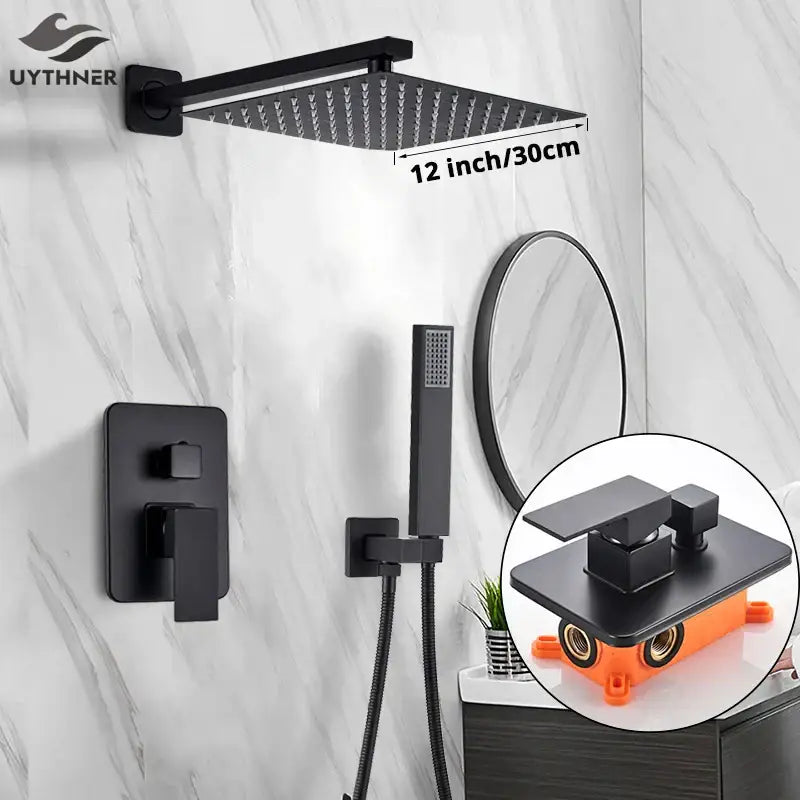 Matte black square 12-inch rainfall shower faucet set with integrated nozzles and matching wall-mounted control valve