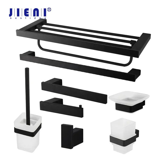 Matte black stainless steel bathroom hardware set with frosted glass accents and a matte finish design