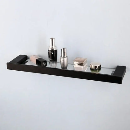 Matte black stainless steel bathroom hardware set with black-framed frosted glass shelf and modern design