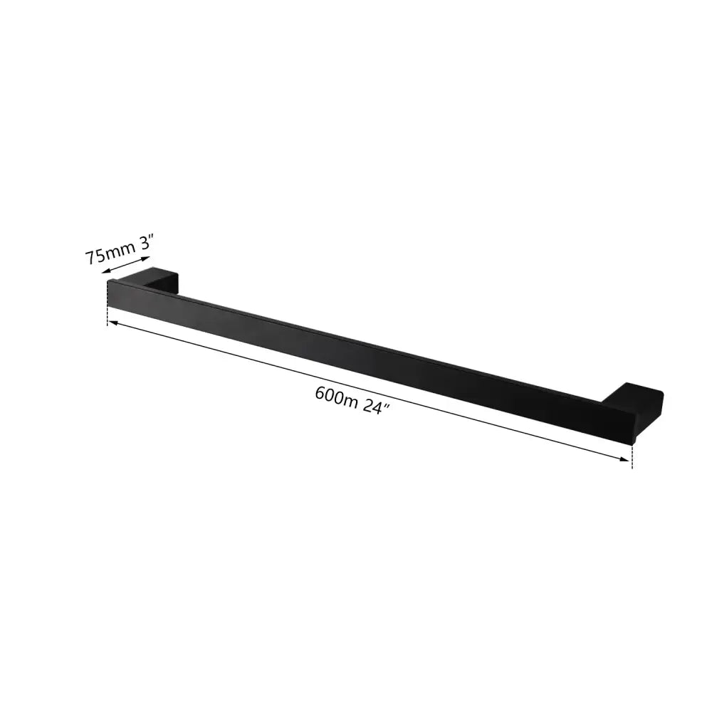 Matte black stainless steel bathroom hardware set with black matte towel rack featuring rectangular profile and square end caps