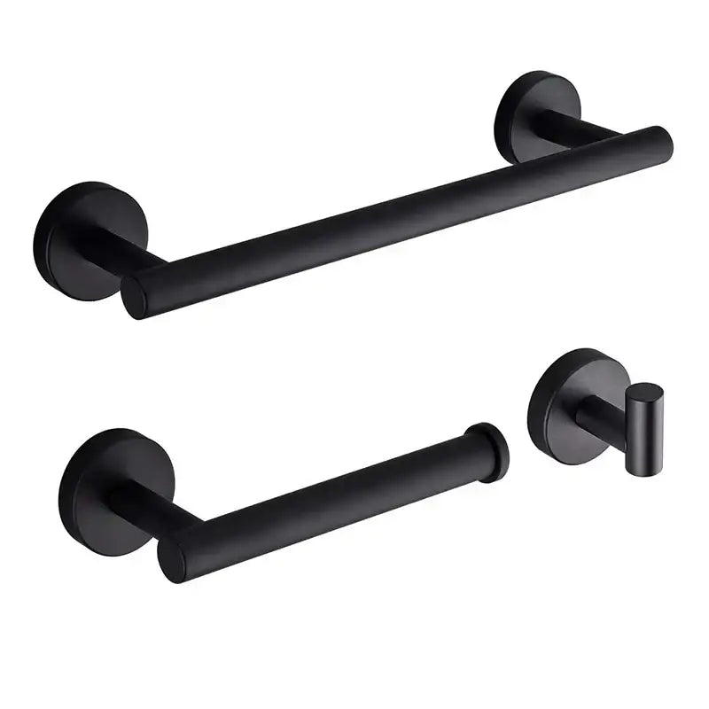 Matte black stainless steel bathroom set with double towel rack featuring towel bar toilet paper holder and hook by decorbites