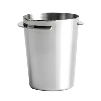 Matte black and shiny stainless steel espresso dosing cup with minimalist design and integrated handles by decorbites espresso dosing