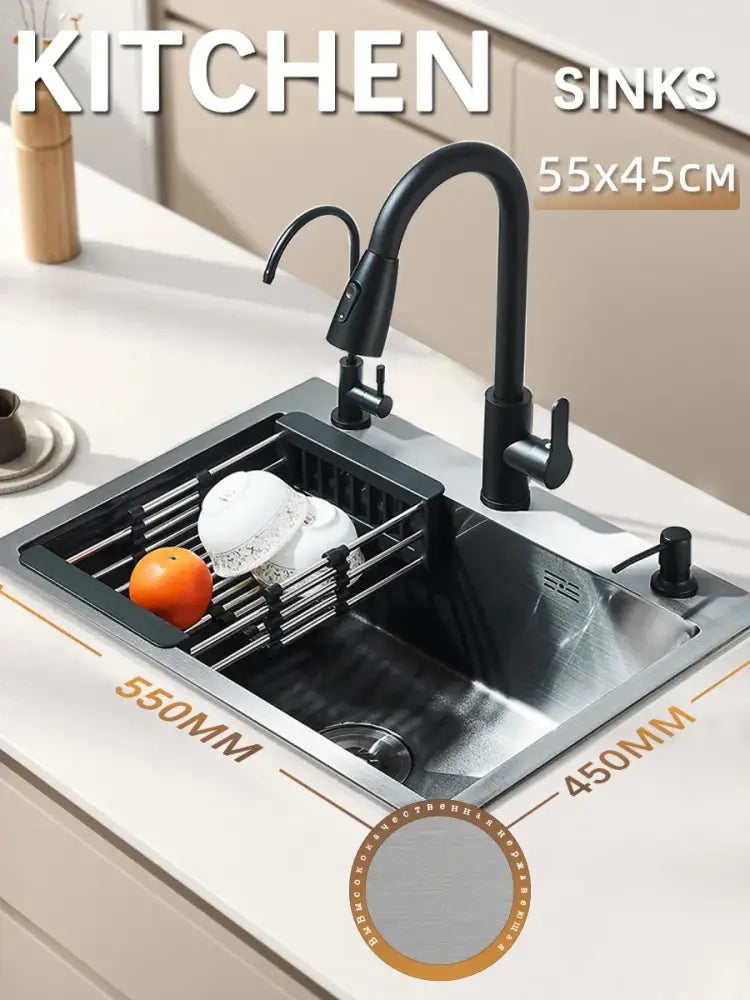 Matte black stainless steel kitchen sink with retractable gooseneck faucet and integrated dish rack in stainless steel finish