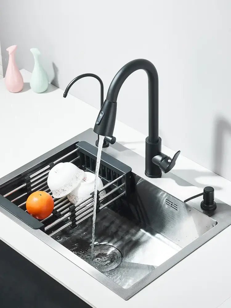 Matte black stainless steel kitchen sink with retractable faucet - Decorbites