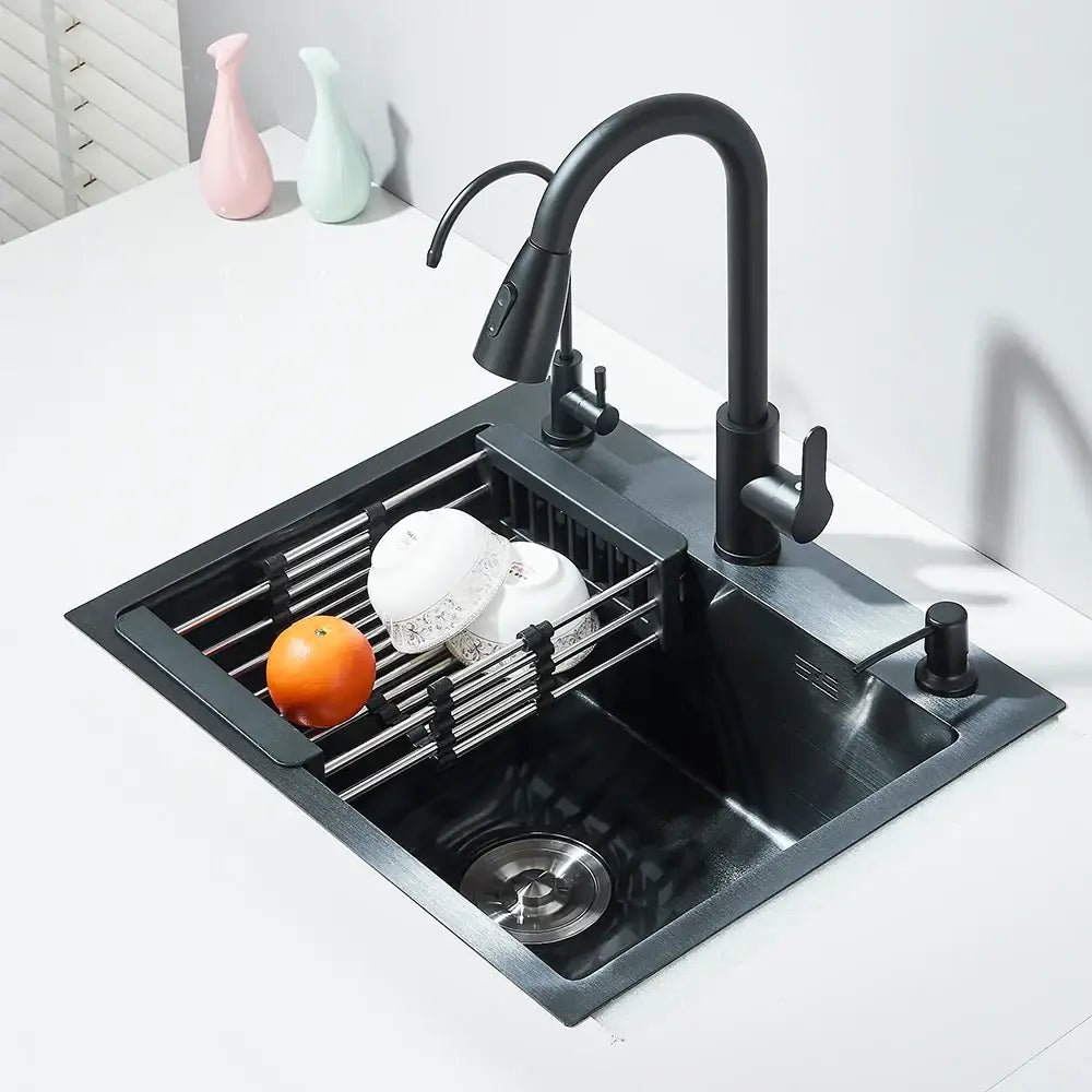 Matte black stainless steel kitchen sink with retractable faucet - Decorbites