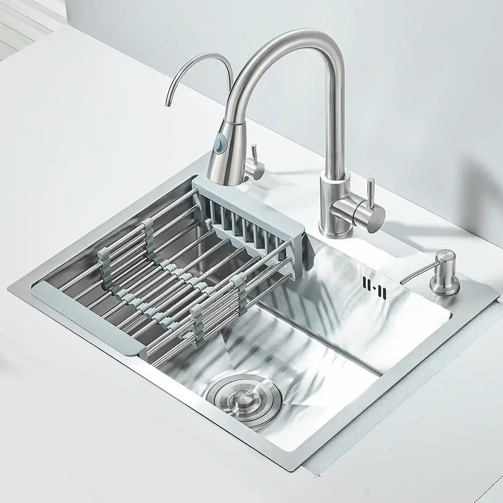Matte black stainless steel kitchen sink with retractable faucet - Decorbites