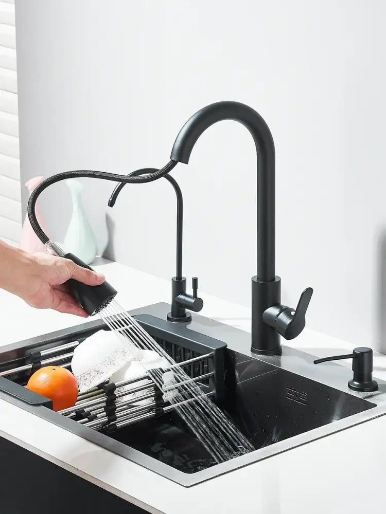 Matte black stainless steel kitchen sink with retractable faucet - Decorbites
