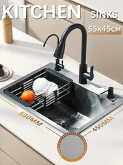 Matte black stainless steel kitchen sink with retractable faucet - Decorbites