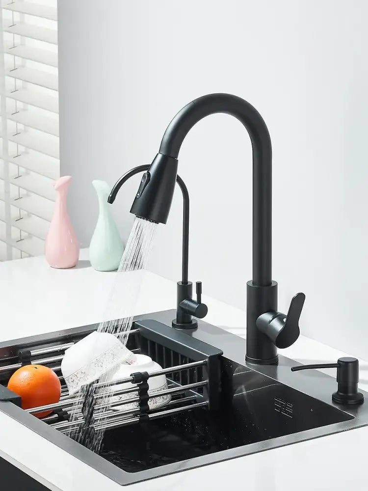 Matte black stainless steel kitchen sink with retractable faucet - Decorbites