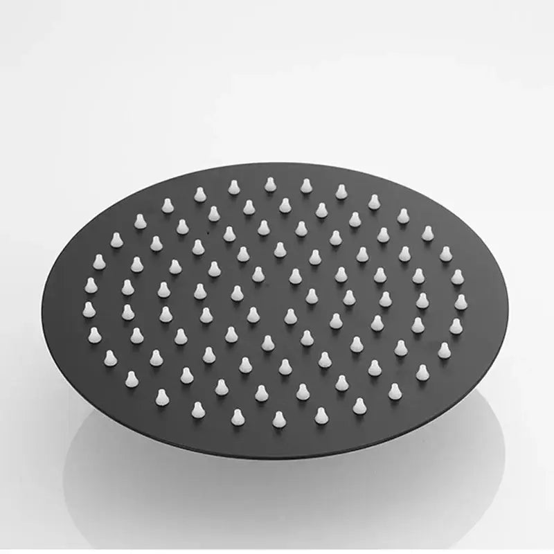 Matte black stainless steel shower head with round design and white ceramic nozzles by decorbites black