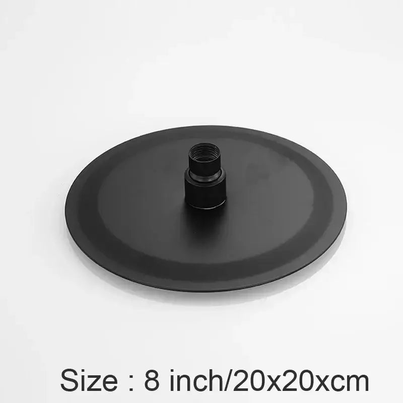 Matte black stainless steel shower head back with central threaded attachment for decorbites black bathroom use