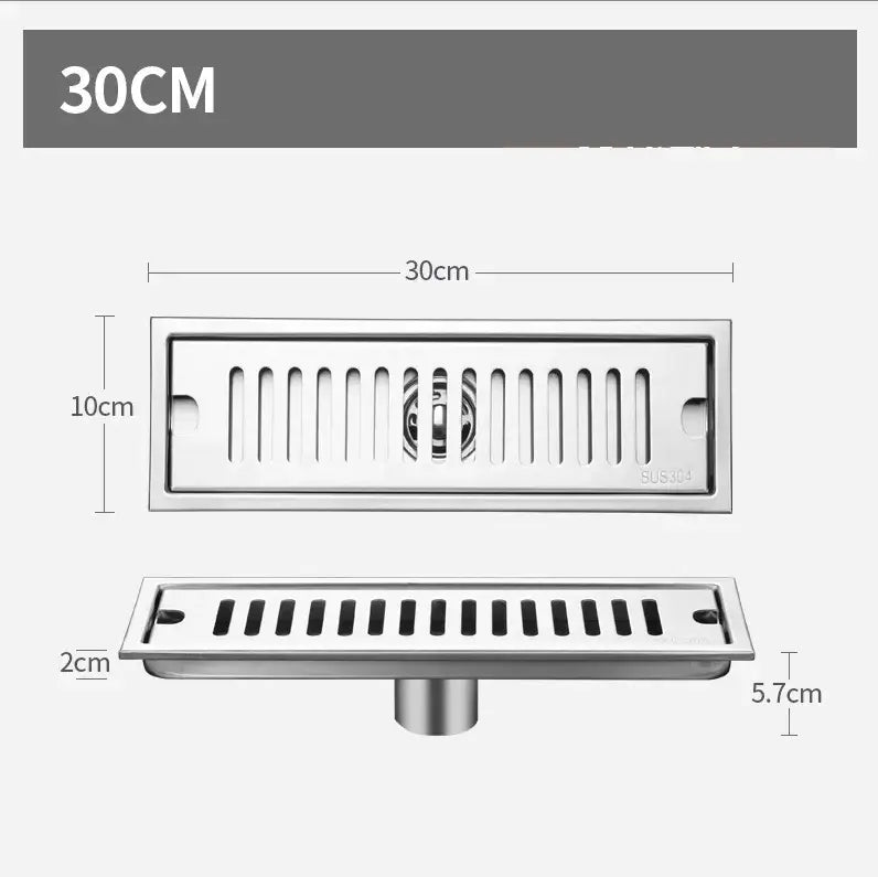 Matte black stainless steel strip floor drain 30cm with slotted design and central circular filter for bathroom shower