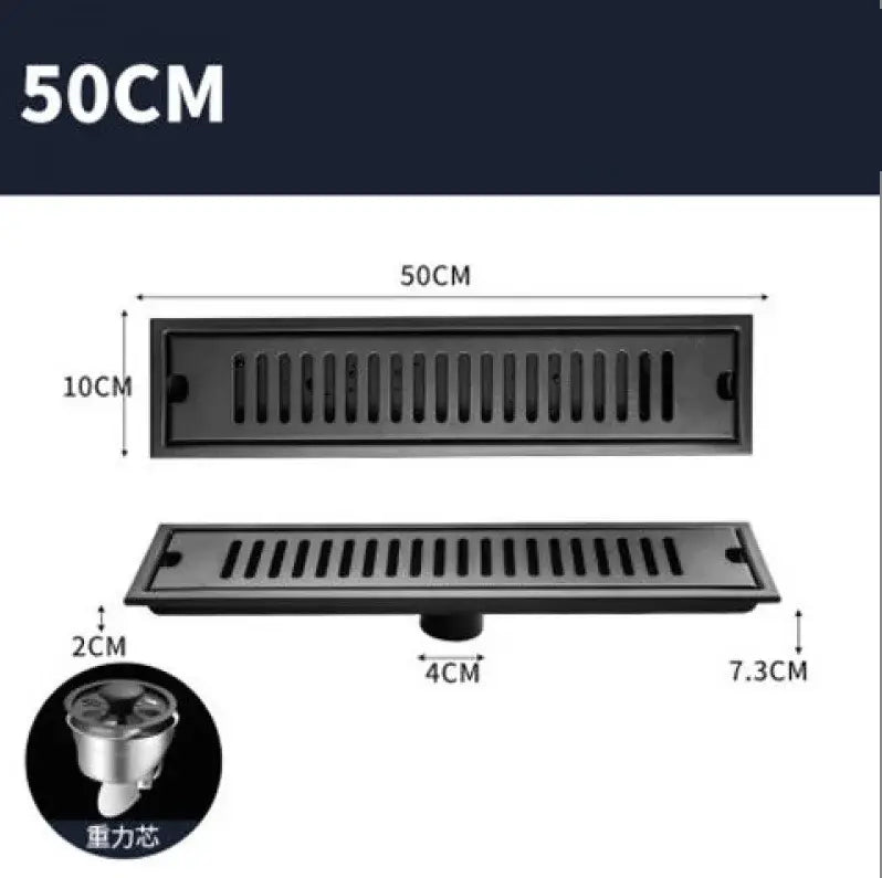 Matte black stainless steel strip floor drain with slotted design and gravity-fed stainless steel strainer 50cm length