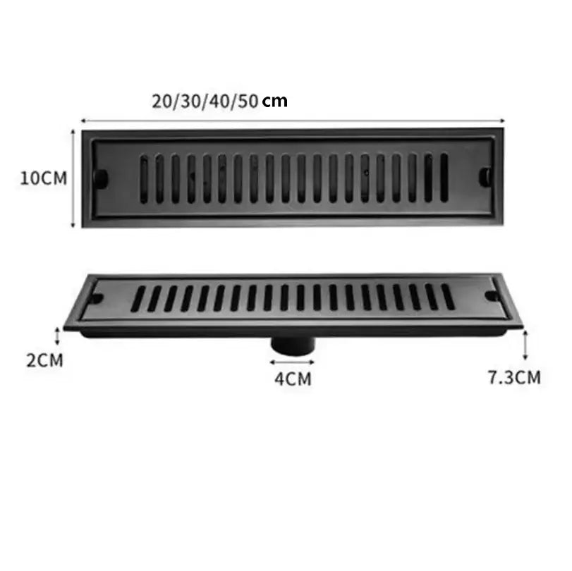 Matte black stainless steel strip floor drain with sleek rectangular design and vertical slits for bathroom shower drainage