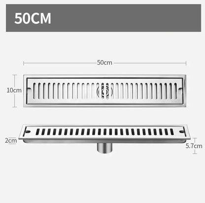 Matte black stainless steel strip floor drain 50cm long with slotted design and central circular pattern for bathroom shower