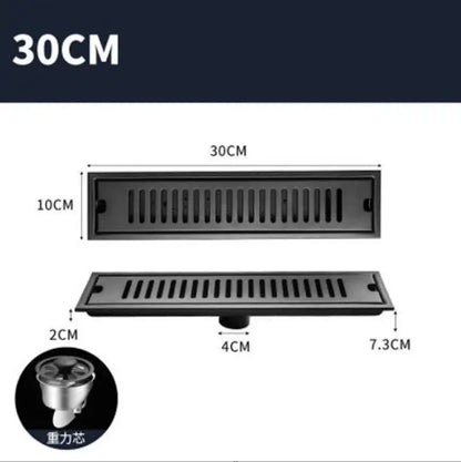 Matte black stainless steel strip floor drain with slotted design 30cm length for bathroom shower use