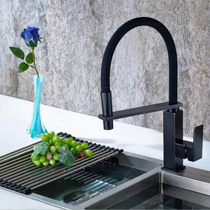 Matte black swivel kitchen faucet with pull down spray tap featuring a curved spout and rectangular handle decorbites black swivel