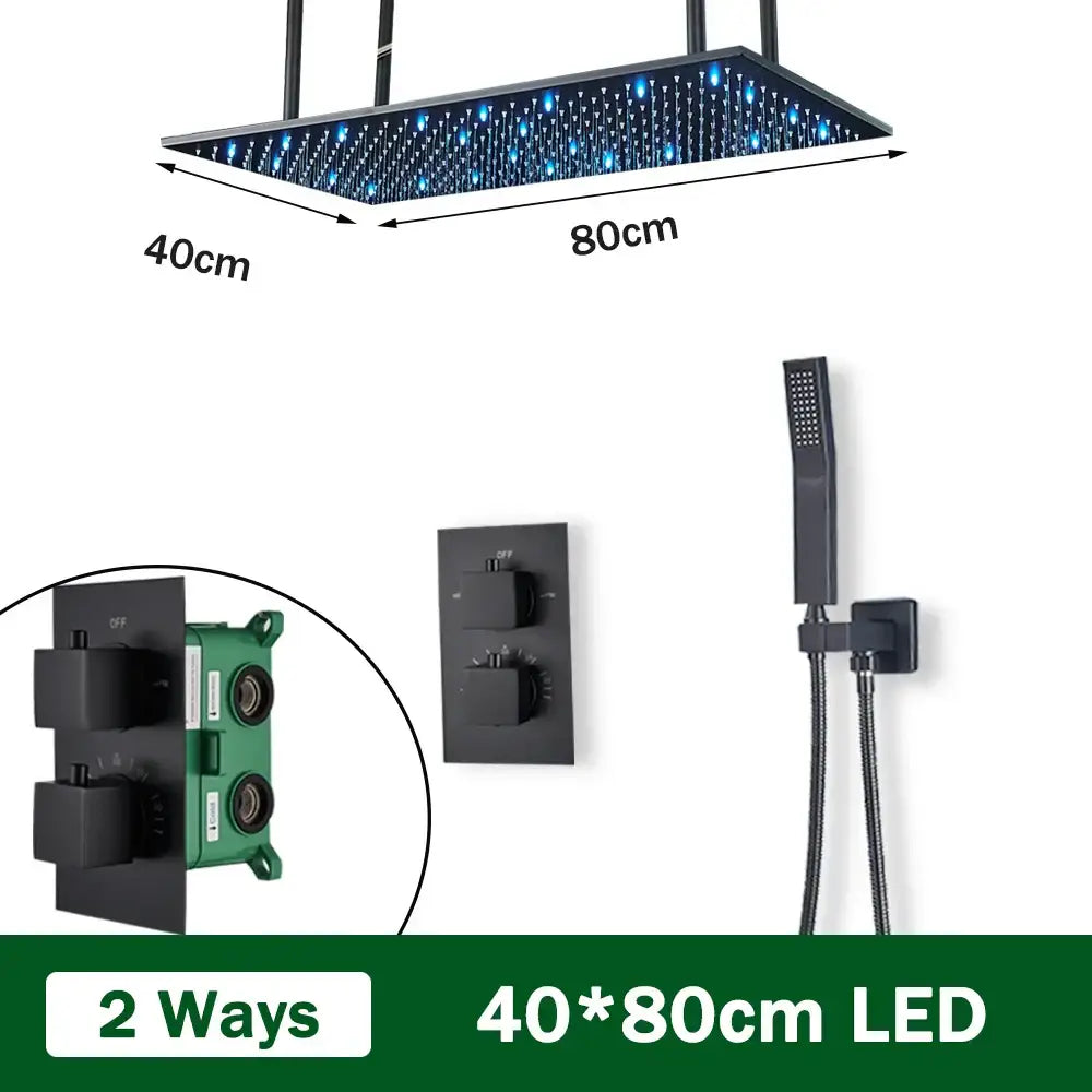 Matte black thermostatic shower faucet with 80cm x 40cm black led ceiling shower head featuring blue lights