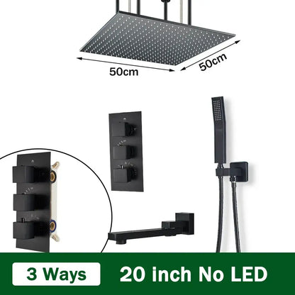Matte black thermostatic shower faucet with 50cm square rain shower head and integrated handheld shower set