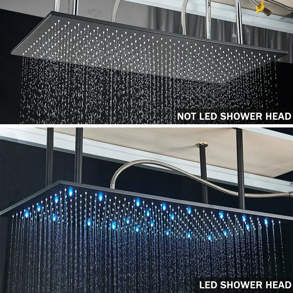 Matte black thermostatic shower faucet with black rectangular rainfall shower head featuring blue led lights