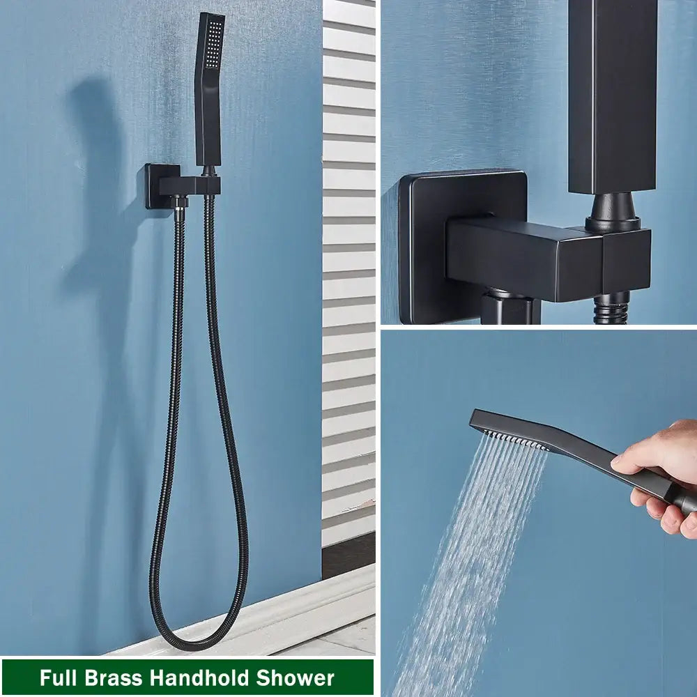 Matte black thermostatic shower faucet with full brass handheld shower head and flexible hose in sleek rectangular design
