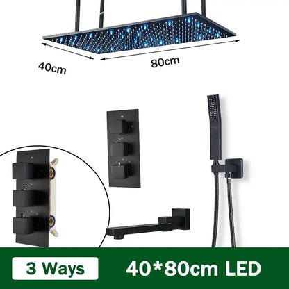 Matte black thermostatic shower faucet with 40x80cm black matte led shower head with blue lighting for ceiling installation