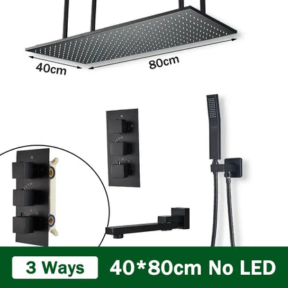 Matte black thermostatic shower faucet with ceiling mounted black matte rectangular shower head 40x80cm